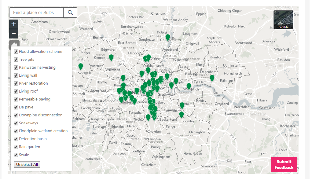Map of London showing sites of sustainable drainage