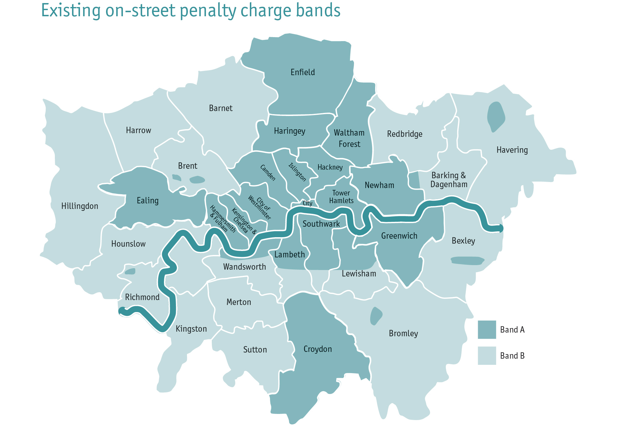 Exiting on-street penalty charge bands London map 2021