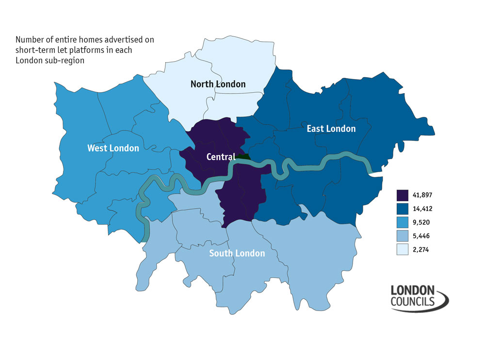 Heat map showing number of short-term lets by London sub-region